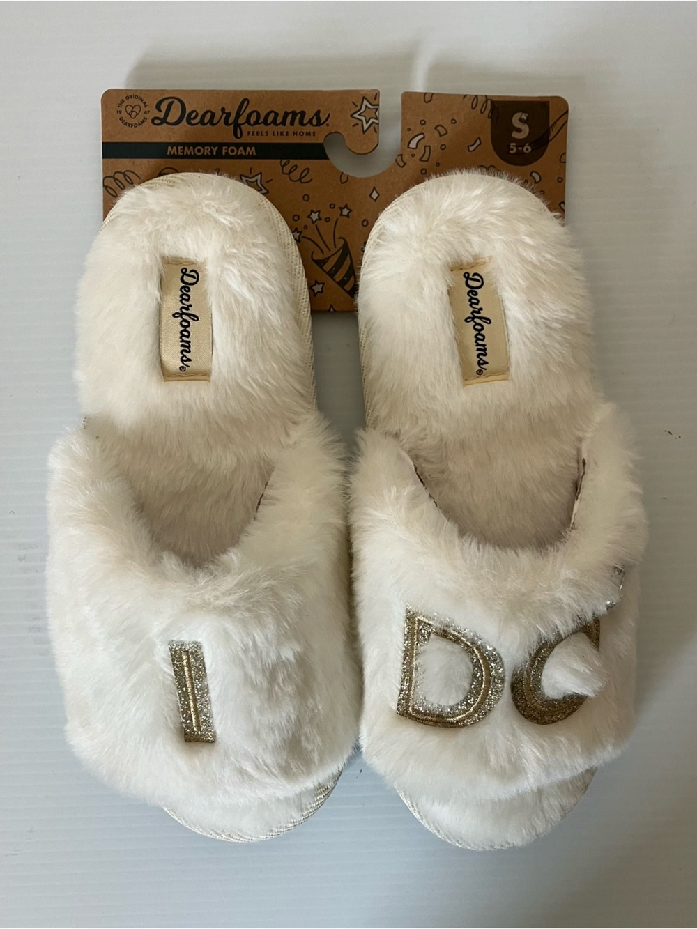 Dearfoams Lane Bridal I Do Fuzzy Slide Slipper Alabaster White size Small (5/6) - Picture 2 of 6